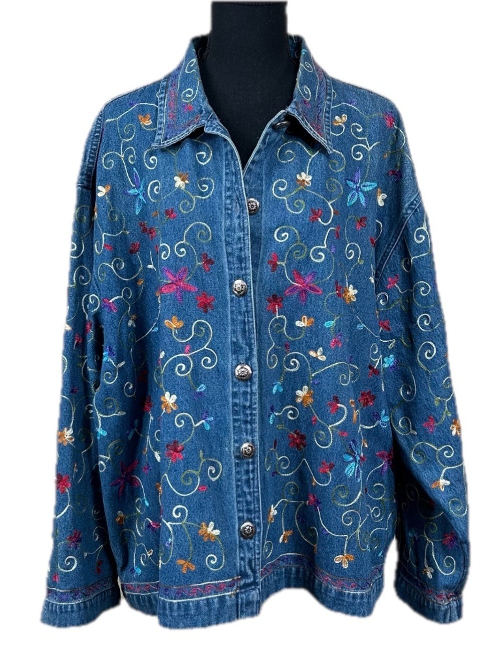 Pushpa Denim Embroidered Button Down Shacket Shirt Size XXL